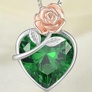 925 Sterling Silver Love Heart Birthstone Rose Flower Necklace